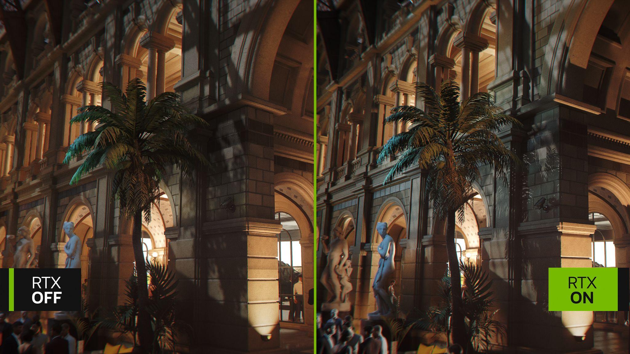 007 First Light path tracing — RTX OFF vs RTX ON comparison