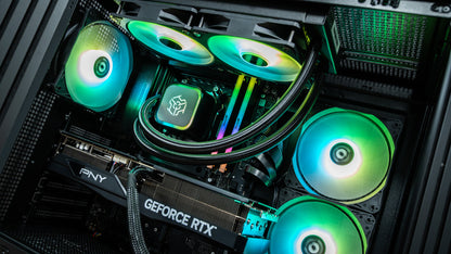 Close-up inside the Night Hawk PC with green RGB fans, 240mm AIO liquid cooler, RGB DDR5 RAM and GeForce RTX 5070 Ti