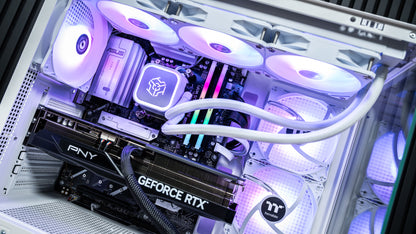 Close-up inside the Snow Hawk PC showing white 360mm liquid cooler, RGB DDR5 RAM and PNY GeForce RTX 5070 Ti with purple lighting