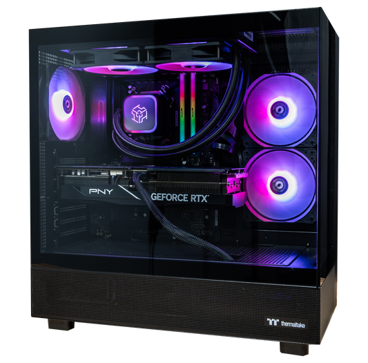PowerGPU Night Hawk RTX 5070 Ti gaming PC in a black Thermaltake View 270 Plus case with pink and purple ARGB fans