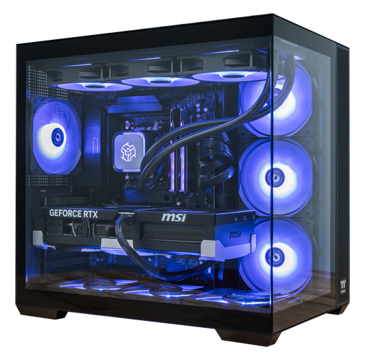PowerGPU Azul RTX 5090 gaming PC in a black Thermaltake dual-glass case with blue ARGB fans, MSI GeForce RTX 5090 graphics card and 360mm liquid CPU cooler