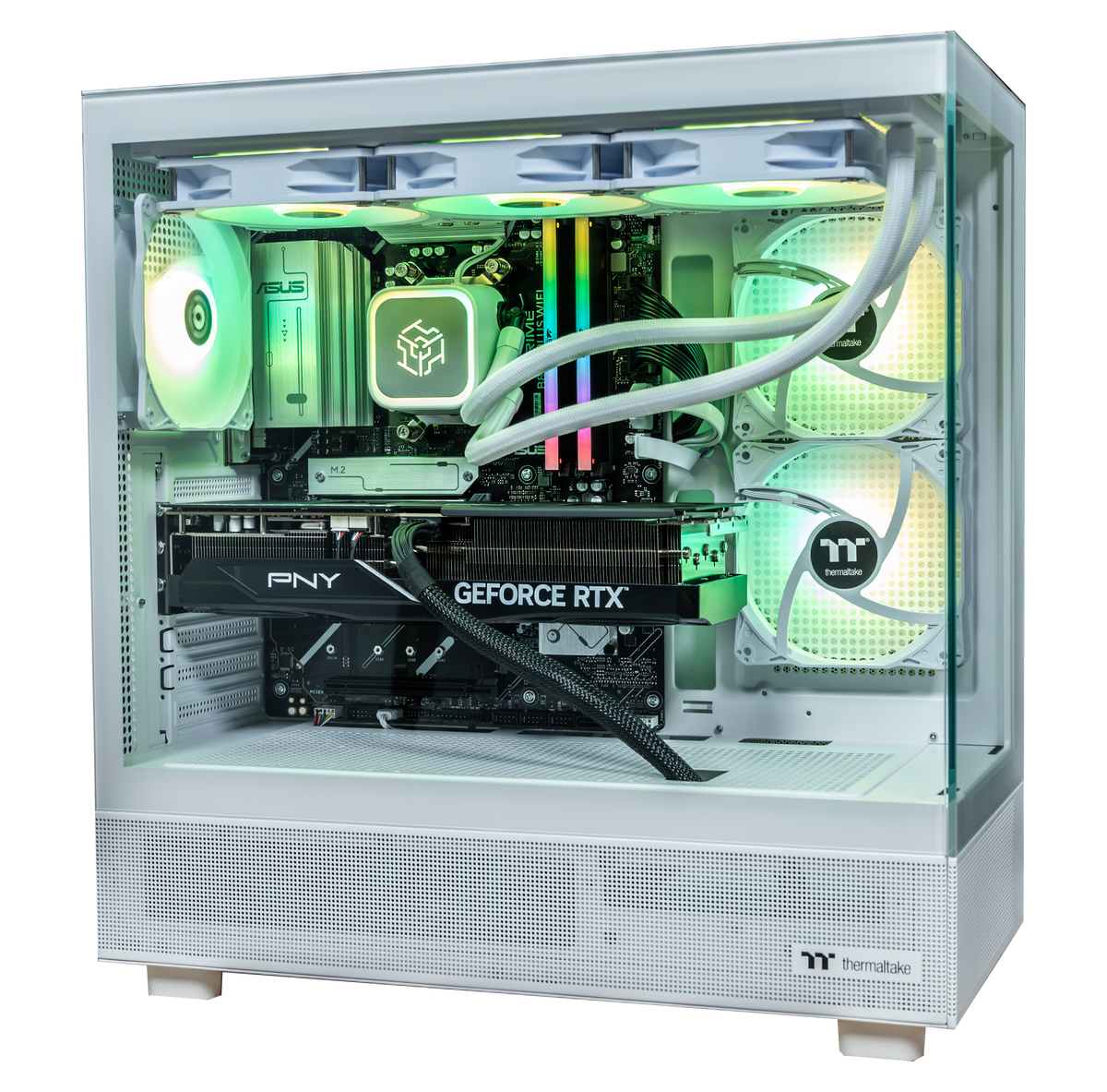 PowerGPU Snow Hawk RTX 5070 Ti gaming PC in a white Thermaltake View 270 Plus case with white 360mm liquid cooler and green RGB lighting