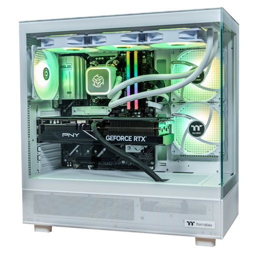PowerGPU Snow Hawk RTX 5070 Ti gaming PC in a white Thermaltake View 270 Plus case with white 360mm liquid cooler and green RGB lighting