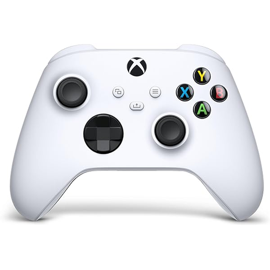 White Xbox wireless controller with black grips and colored ABXY buttons, front view on white background