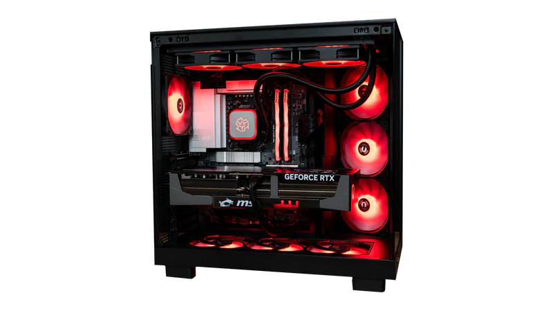 GEEGA's PowerElite AMD RTX 5080 Gaming PC — hand-built by PowerGPU with red RGB lighting, MSI GeForce RTX, and Thermaltake cooling