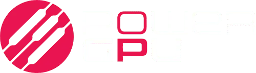 red and white powergpu logo with emblem