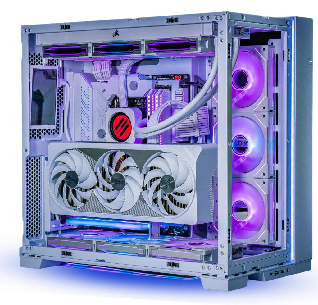 gaming pc in a white case with all white internal parts and the PowerGPU logo on the cooler LCD display