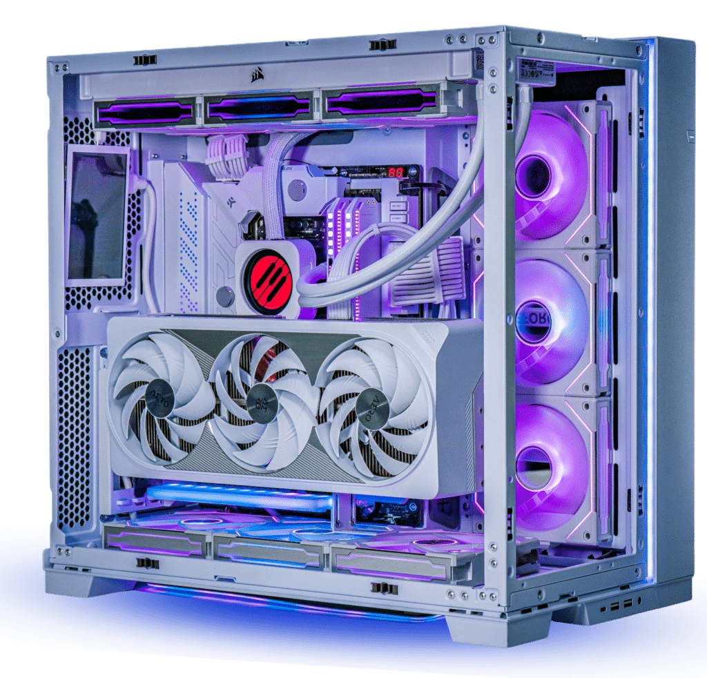 gaming pc in a white case with all white internal parts and the PowerGPU logo on the cooler LCD display