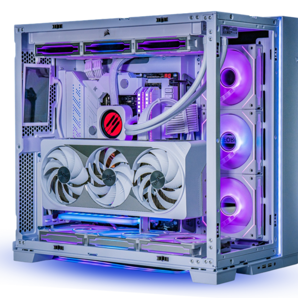 gaming pc in a white case with all white internal parts and the PowerGPU logo on the cooler LCD display