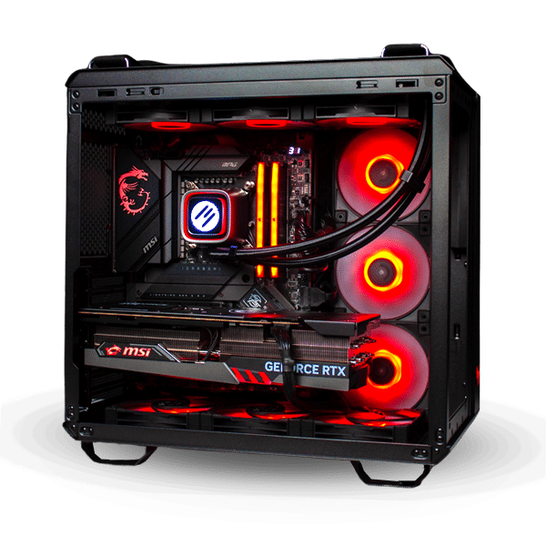 powergpu power elite prebuilt gaming pc in black case with red led lighting