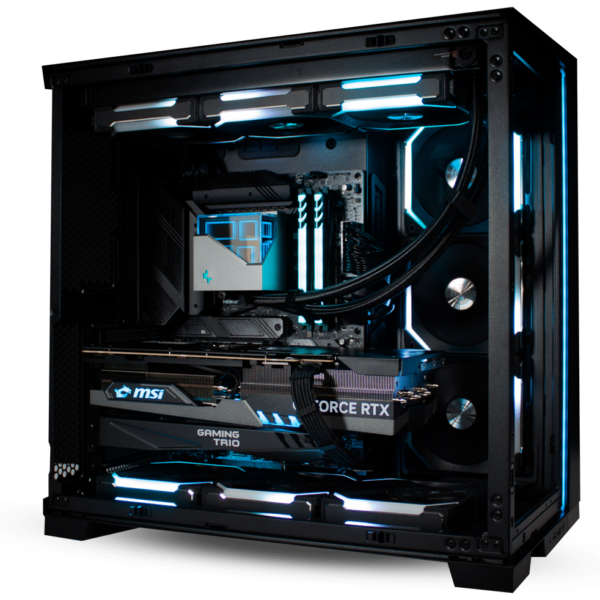 custom built gaming pc in a black case with all black internals and blue lighting