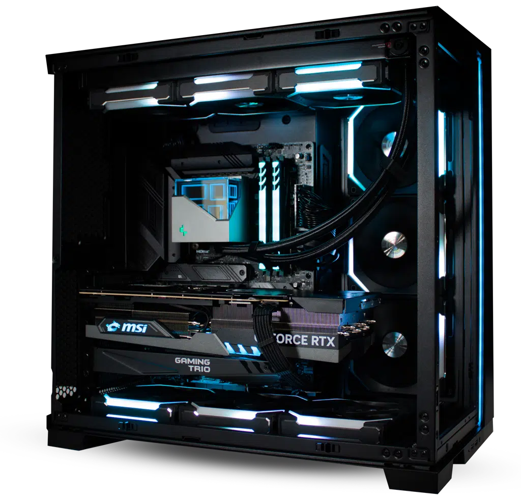 custom built gaming pc in a black case with all black internals and blue lighting