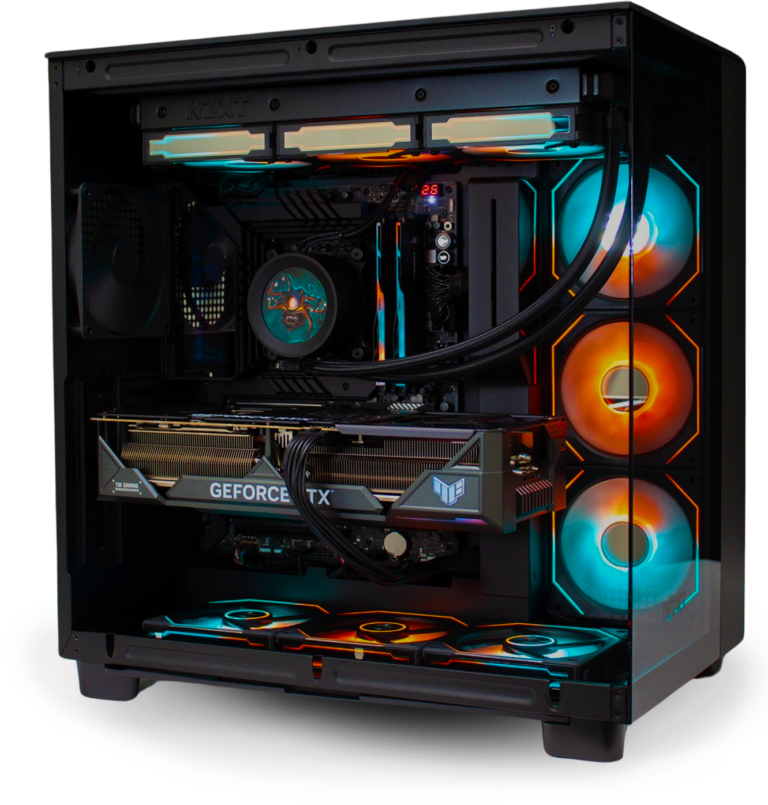 custom built pc with blue and red led light accents