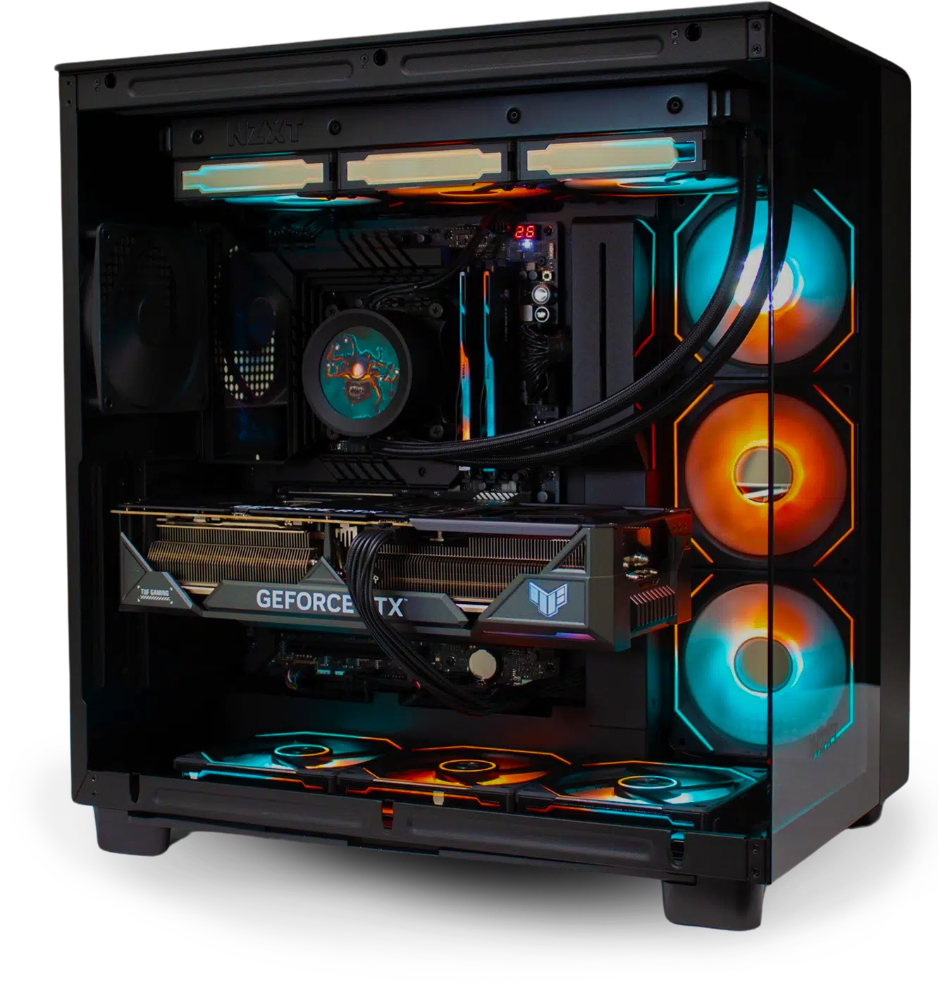 custom built pc with blue and red led light accents