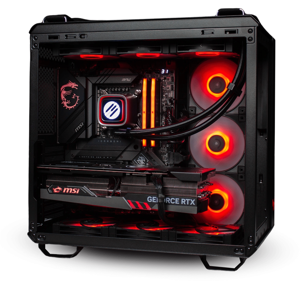 custom built power elite pc in a black case with red led lighting and the powergpu logo on the cooler