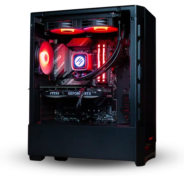 powergpu power prime prebuilt gaming pc in black case with red led lighting