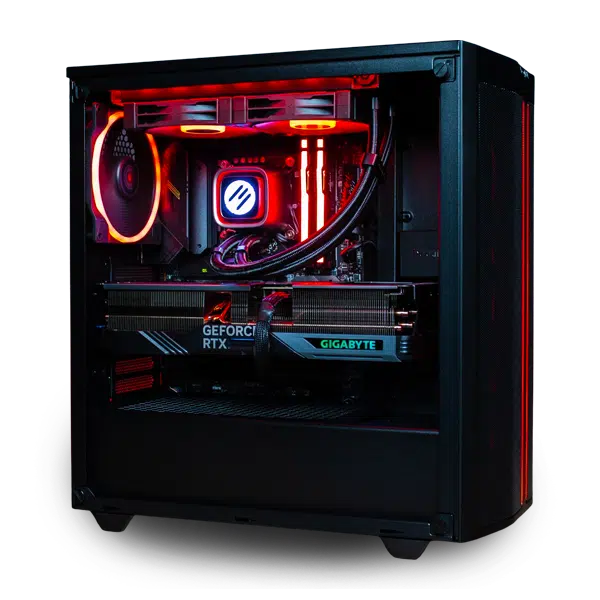 powergpu power prestige prebuilt gaming pc in black case with red led lighting