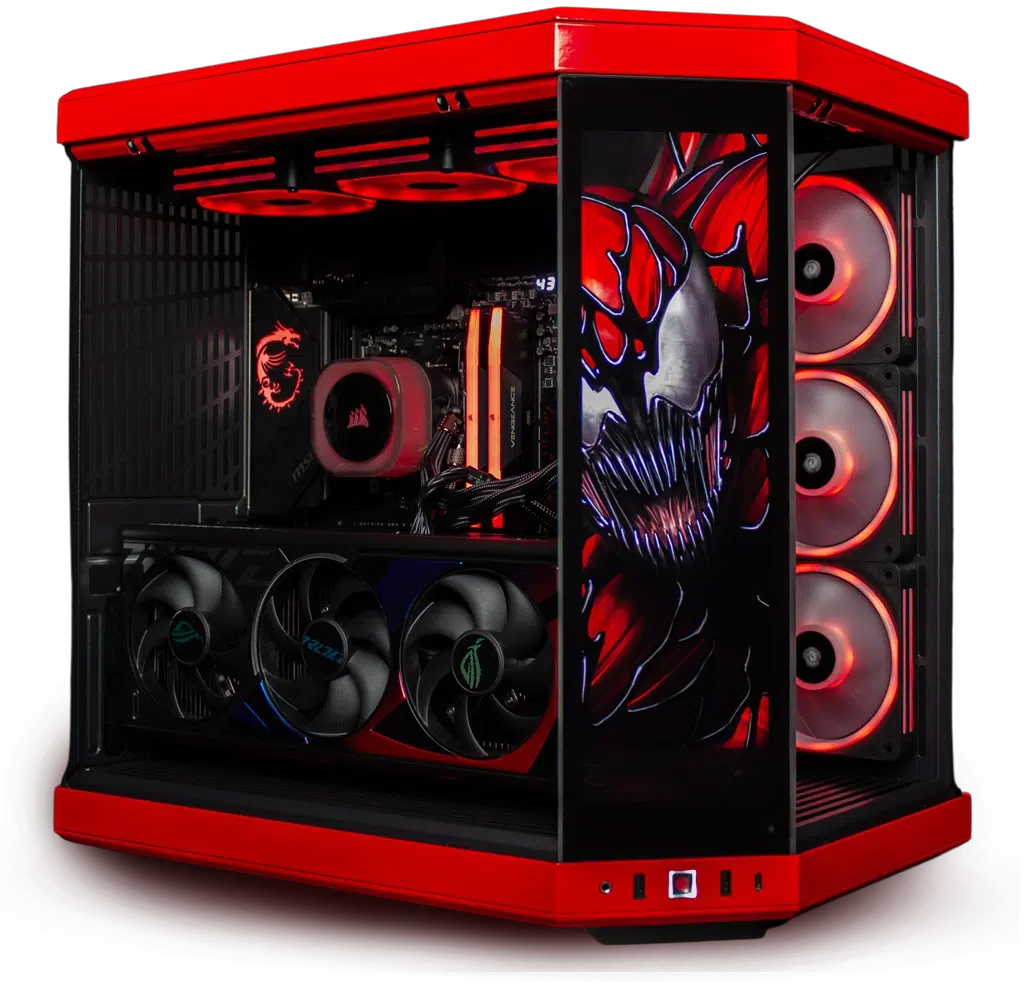 red and black custom built pc with red accents, red led lighting and a spiderman like figure on the corner LCD screen